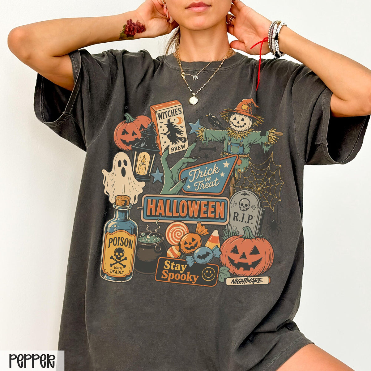 Vintage Halloween Comfort Colors Shirt Womens Halloween Shirt Spooky Party Tee Pumpkin Ghost Scarecrow Tshirt Halloween Graphic Tee