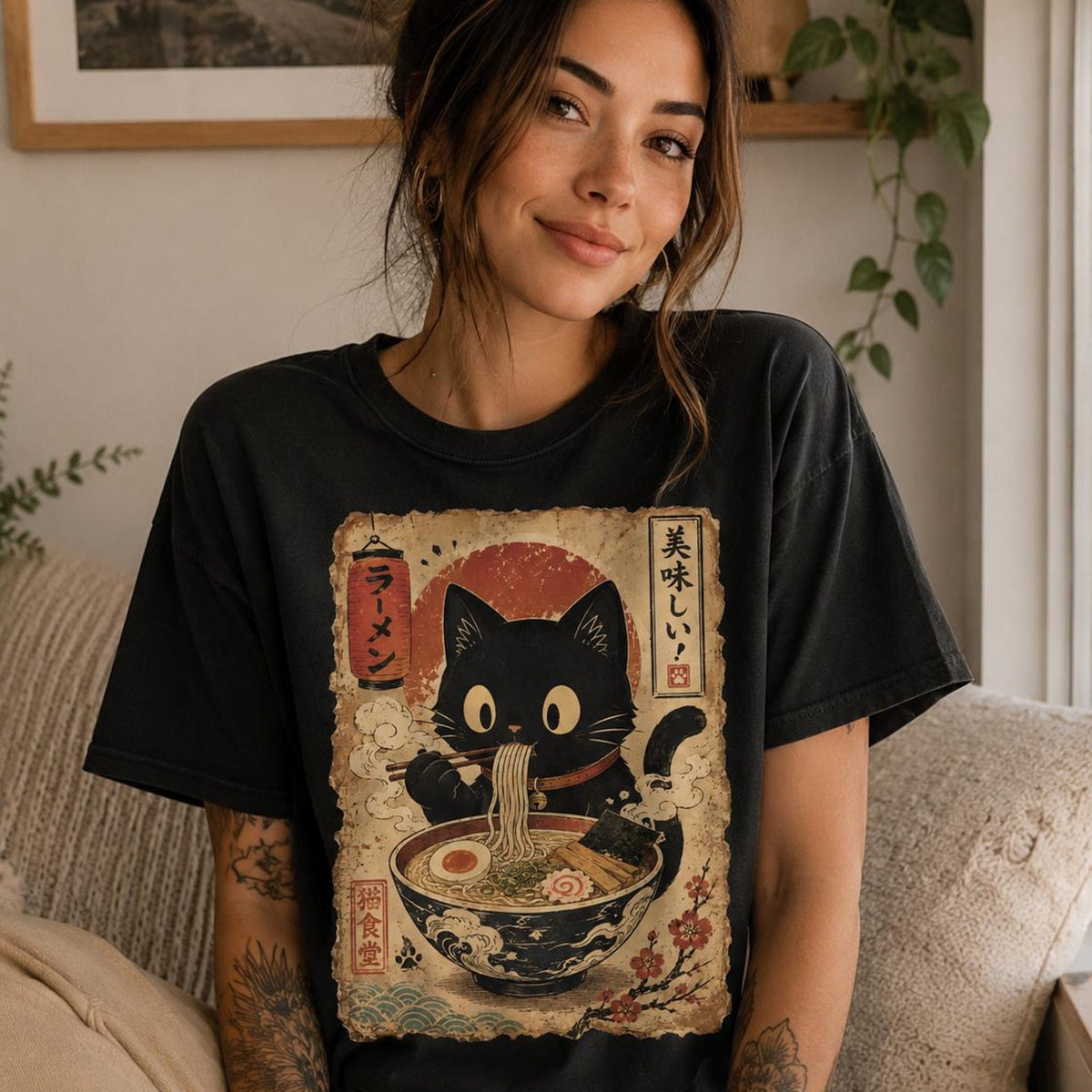 Ramen Cat Shirt Cute Black Cat Noodles Tee Japanese Food Shirt Cat Lover Gift Comfort Colors TShirt