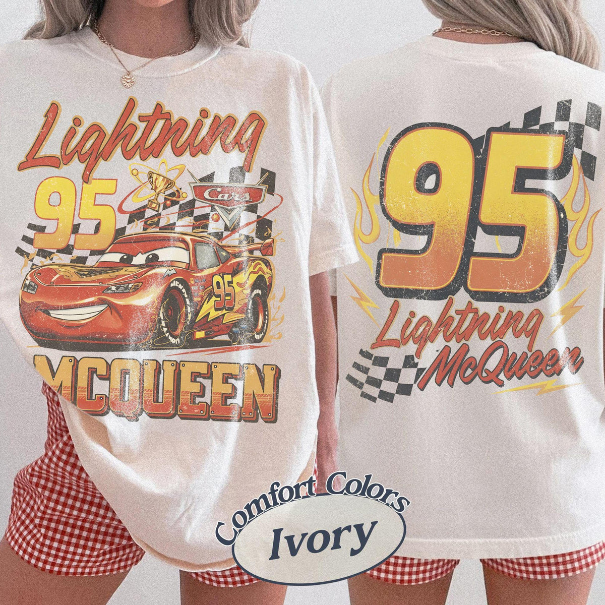 Comfort Colors Retro Lightning McQueen Two-Sided Shirt Women, Disney Pixar Cars McQueen Family Vacation Trip 2026 Graphic Tee, Gift for Her Aesthetic