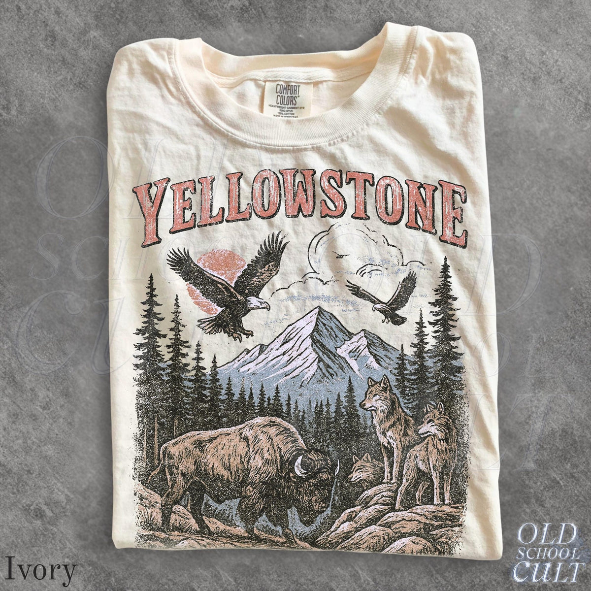 Yellowstone National Park Vintage 90s Stlye TShirt Wildlife Graphic Tee with Bison Wolves Eagles 90s Hiking Nature Shirt Comfort Colors