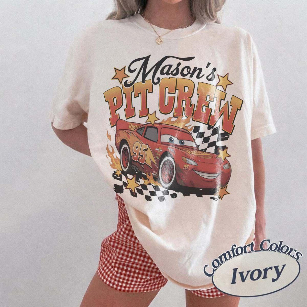 Comfort Colors Personalized Lightning McQueen Birthday Shirt Women, Retro Cars Pit Crew Vintage Disney Family Matching Vacation Graphic Tee, Gift for Her Aesthetic