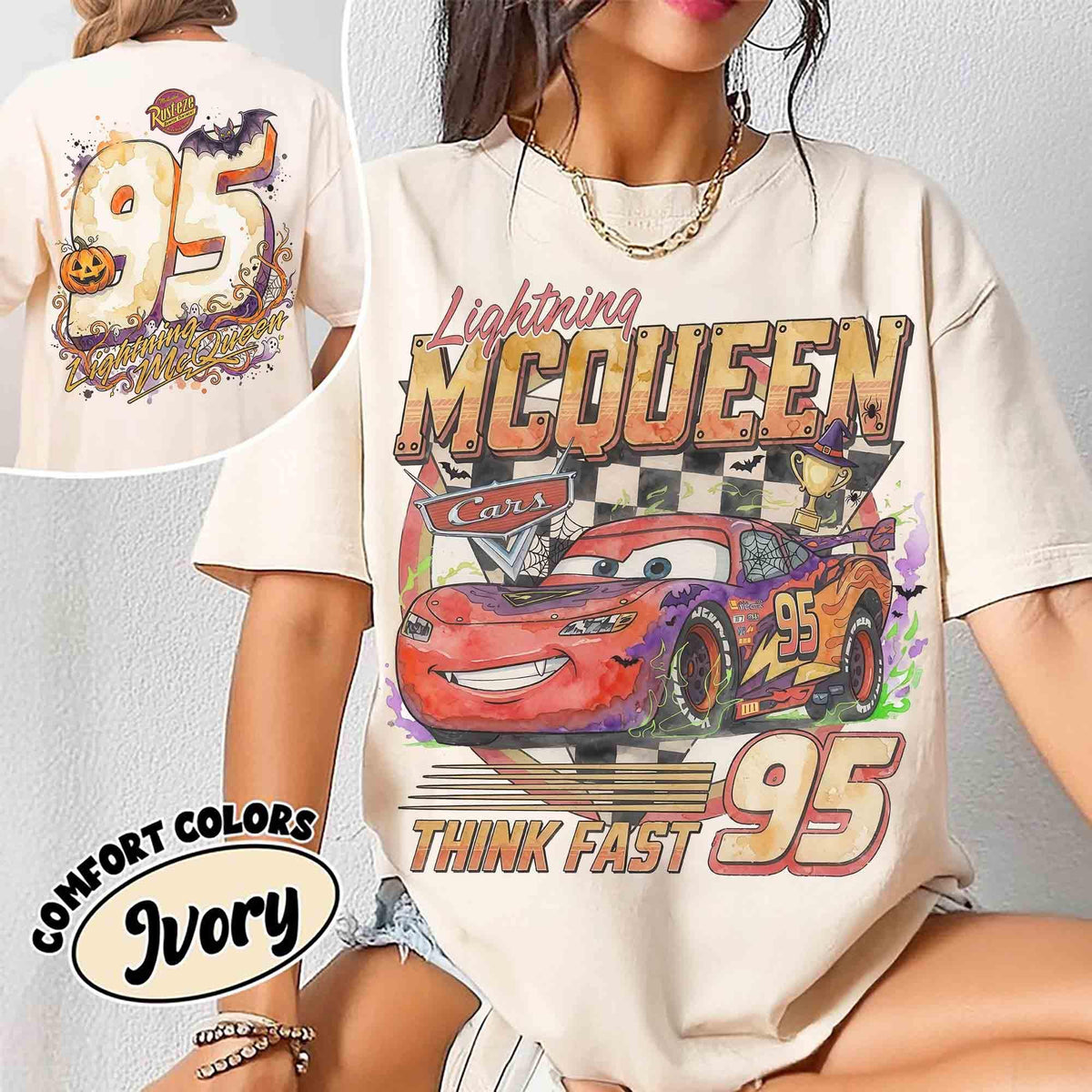 Comfort Colors Lightning McQueen Watercolor Checkered Halloween Two-Sided Shirt Women, McQueen 95 Think Fast Disney Pixar Cars Disneyland Family Trip Graphic Tee, Gift for Her Aesthetic