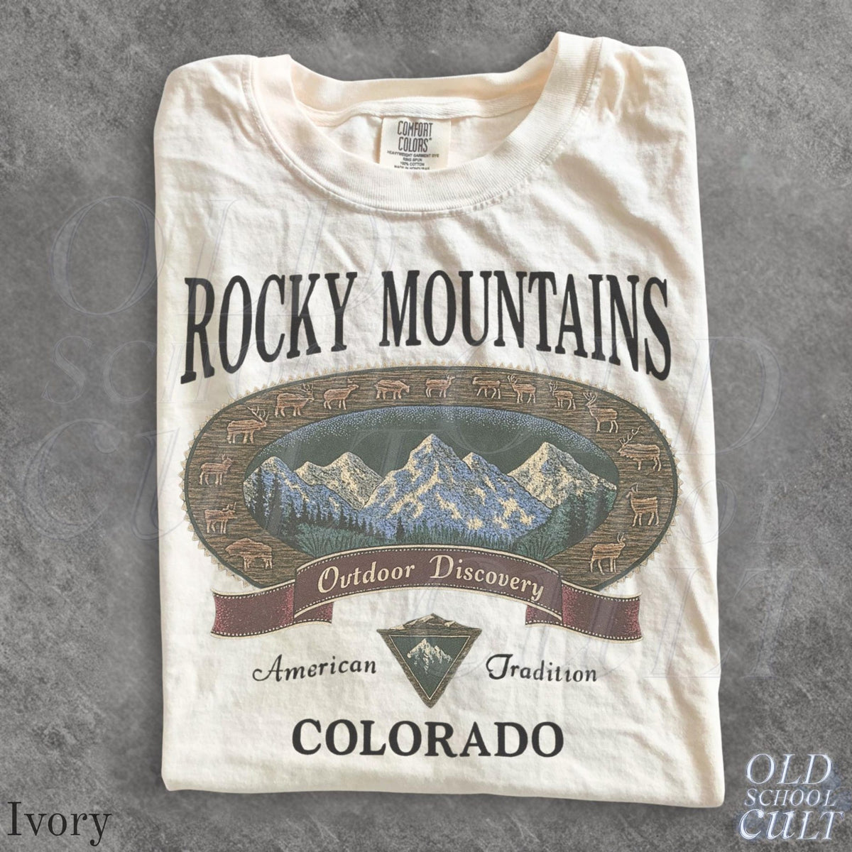 Vintage Rocky Mountains Colorado TShirt Outdoor Discovery Graphic Tee 90s Mountain Hiking Shirt Comfort Colors Ivory Nature Top