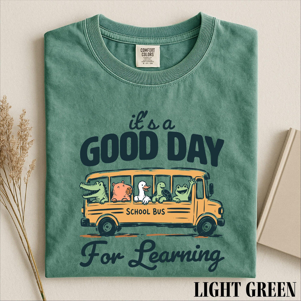 Good Day For Learning Shirt Funny School Bus Animal Graphic Tee Retro Educational Humor Top Classroom Gift Shirt for Teachers