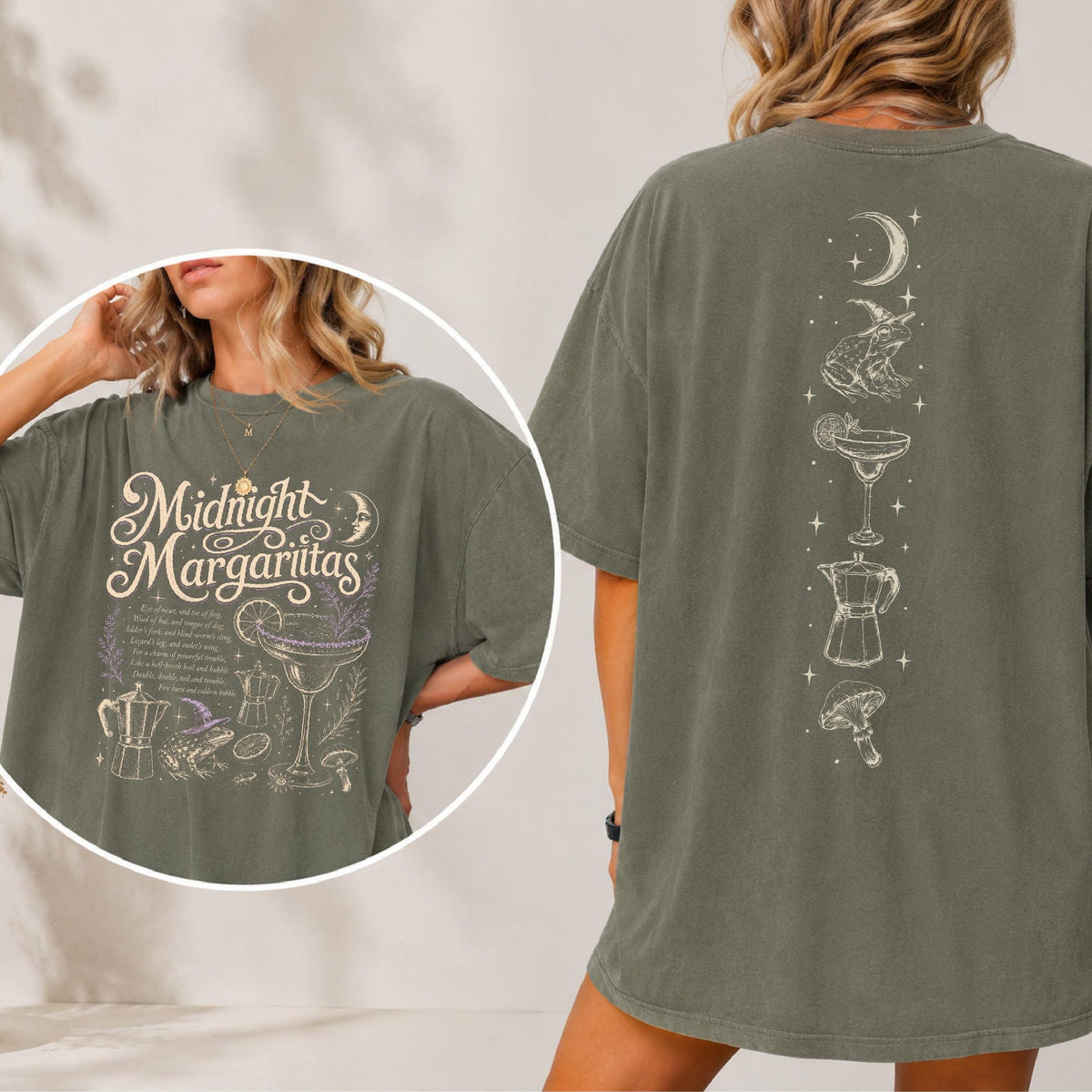 Comfort Colors Vintage Midnight Margaritas Shirt Women, Tequila Witchy Practical Magic Halloween Spooky Drinking Graphic Tee, Gift for Her Aesthetic