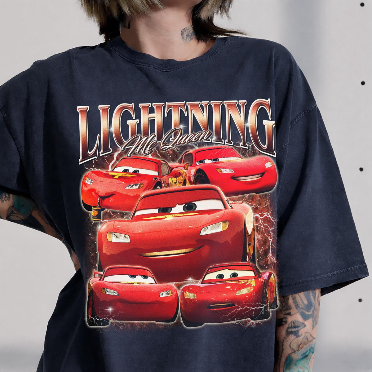 Comfort Colors Lightning McQueen Red Racing Car Shirt Women, Vintage Style Lightning Bolt Race Car Fan Oversized Graphic Tee, Gift for Her Aesthetic
