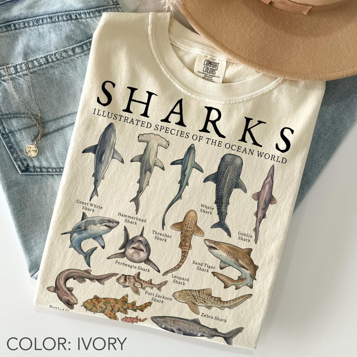 Shark Shirt Comfort Colors Vintage Shark Species Shirt Marine Life Shirt Ocean Animal Shirt Fish Shirt Shark Lover Gift Aquarium Gift