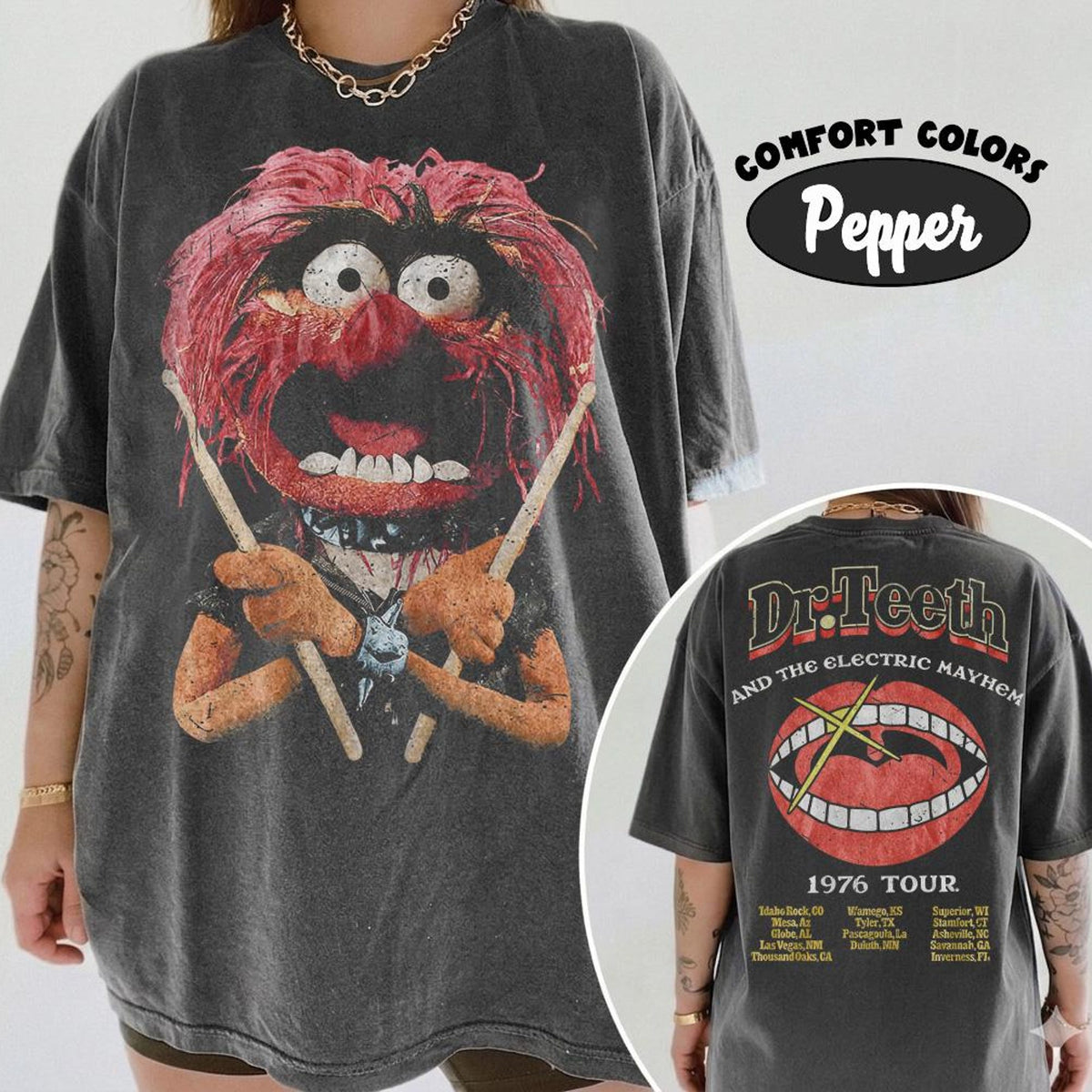 2sided Disney The Muppets Dr Teeth  The Electric Mayhem 1976 Tour Shirt The Muppets Show Matching Tee WDW Disneyland Family Trip Shirt