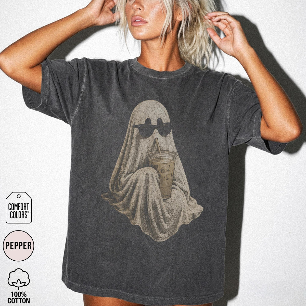 Ghost Drinking Coffee Shirt Comfort Colors Retro Iced Latte Tee Vintage Spooky Season Halloween Ghost Coffee Lover Fall Graphic Gift