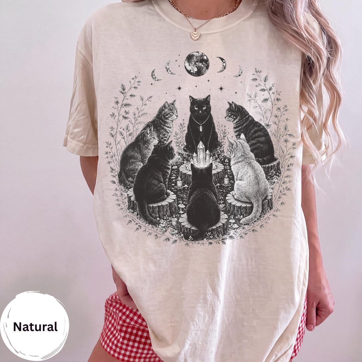Cat Coven TShirt Mystical Black Cat Tee Witchy Moon Phase Shirt Crystal Cats Graphic Tee Gothic Cottagecore Gift for Cat Lovers