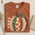 Faux Patchwork Fall Pumpkin Sweatshirt Comfort Colors Autumn Thanksgiving Shirt Women Crewneck Sweater Cute Gift Checkered Pumpkins Tee