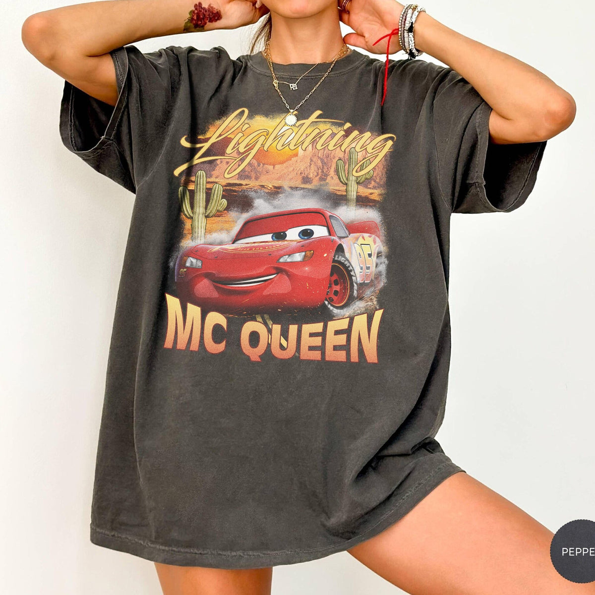 Comfort Colors Lightning McQueen Red Race Car Shirt Women, Disney Animated Auto Film Desert Town Sunset Graphic Tee, Fan Gift for Her Aesthetic