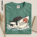 Fat Cat Vs Shark Shirt Meme Hilarious Cat Riding Shark Funny Ocean Graphic Tee Retro Animal Humorous Cute Kitten Comfort Colors Sweater