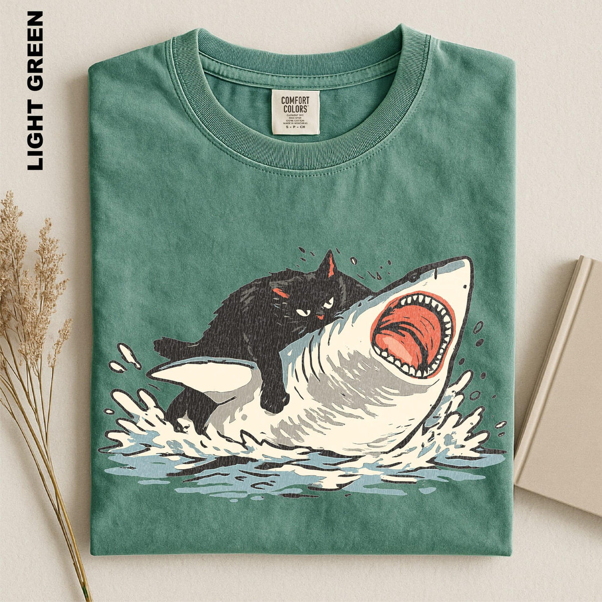 Fat Cat Vs Shark Shirt Meme Hilarious Cat Riding Shark Funny Ocean Graphic Tee Retro Animal Humorous Cute Kitten Comfort Colors Sweater