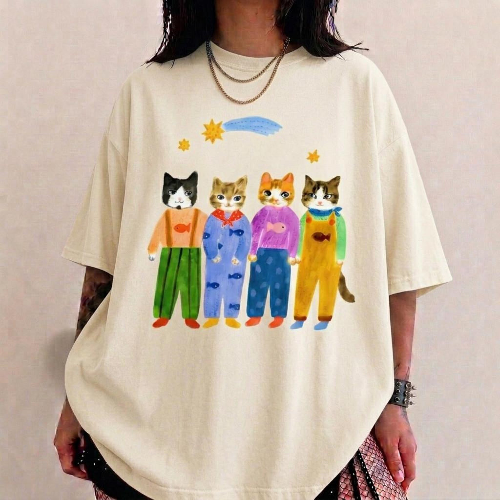 Comfort Colors Hand Painted Funny Cats 90s Graphic Tees Cute Cat Lover Shirt Whimsical Cat Graphic Tee Colorful Cat Art TShirt