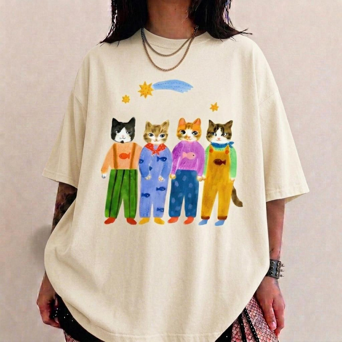 Comfort Colors Hand Painted Funny Cats 90s Graphic Tees Cute Cat Lover Shirt Whimsical Cat Graphic Tee Colorful Cat Art TShirt