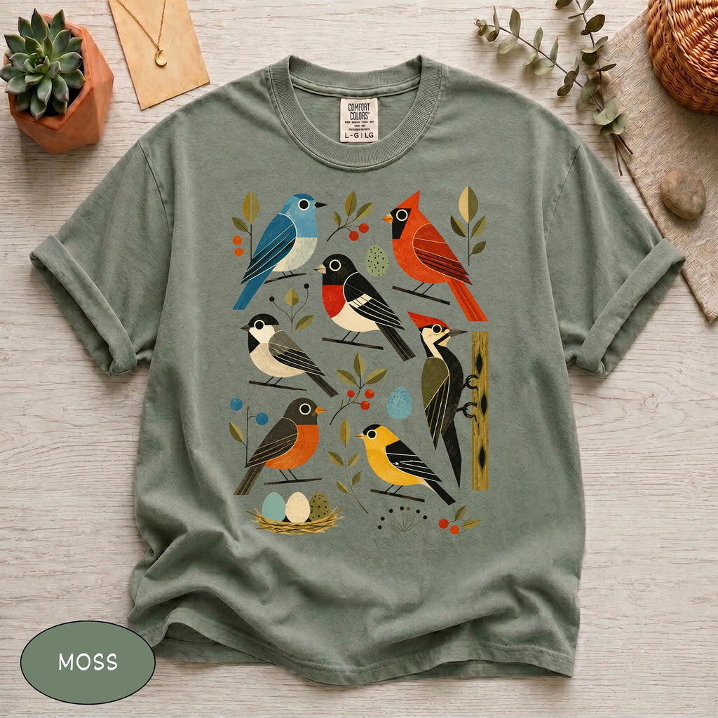 Comfort Colors Retro Backyard Birds Cardinal Bluebird Robin Woodpecker Shirt Bird Watcher Lover Gift Mid Century Modern Nature Art Tee