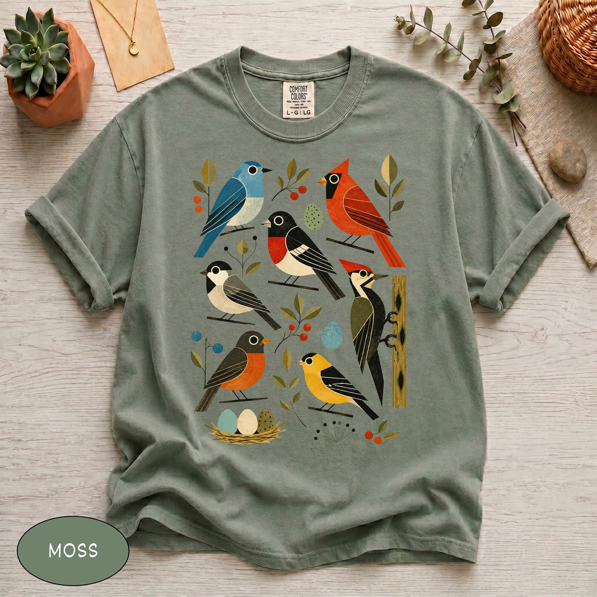 Comfort Colors Retro Backyard Birds Cardinal Bluebird Robin Woodpecker Shirt Bird Watcher Lover Gift Mid Century Modern Nature Art Tee
