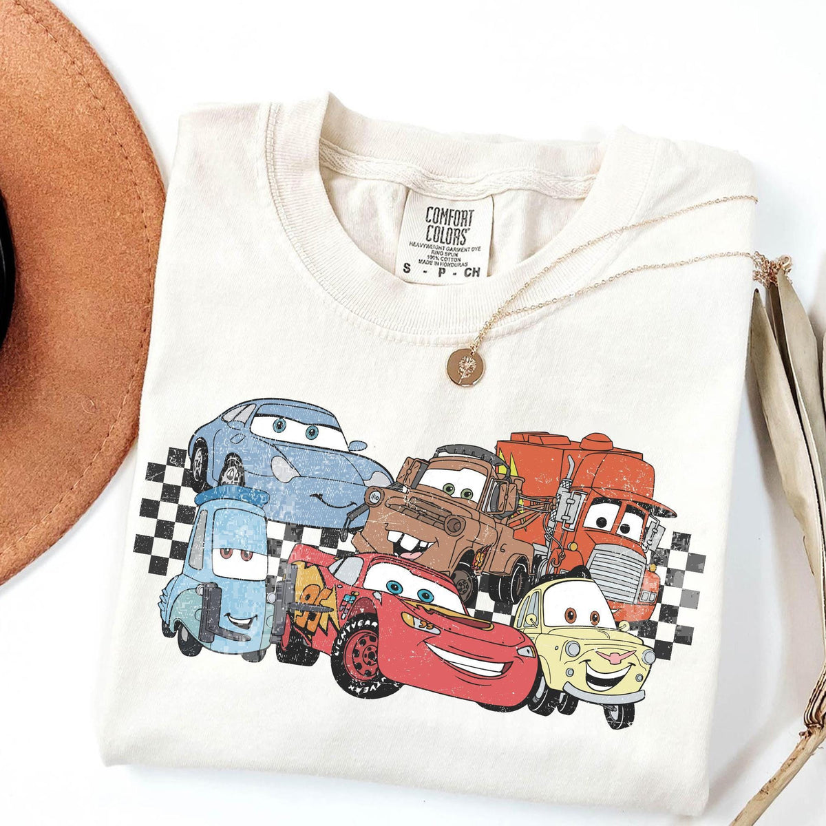 Comfort Colors Checkered Lightning McQueen and Friends Shirt Women, Retro Disney Pixar Cars Graphic Tee, Gift for Her Aesthetic