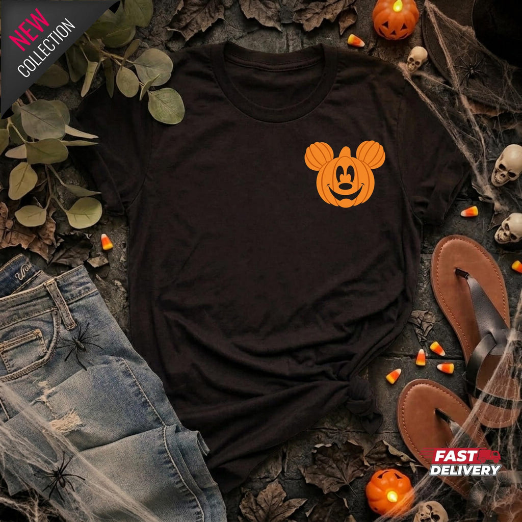Disney Pumpkin Shirt Mickey Halloween Tee Cute Autumn Tshirt Retro Spooky Season Pocket Size Graphic Tee Magic Kingdom Tee