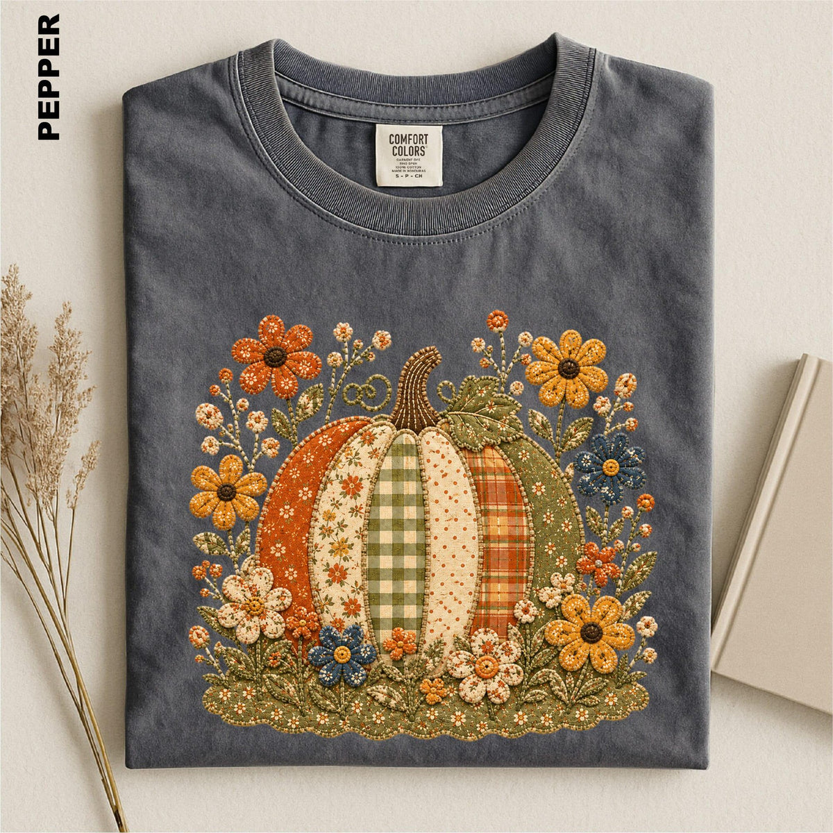 Faux Patchwork Floral Pumpkin Comfort Colors Shirt Vintage Patchwork Fall Tee Cottagecore Thanksgiving Outfit Autumn Garden Gift for Her