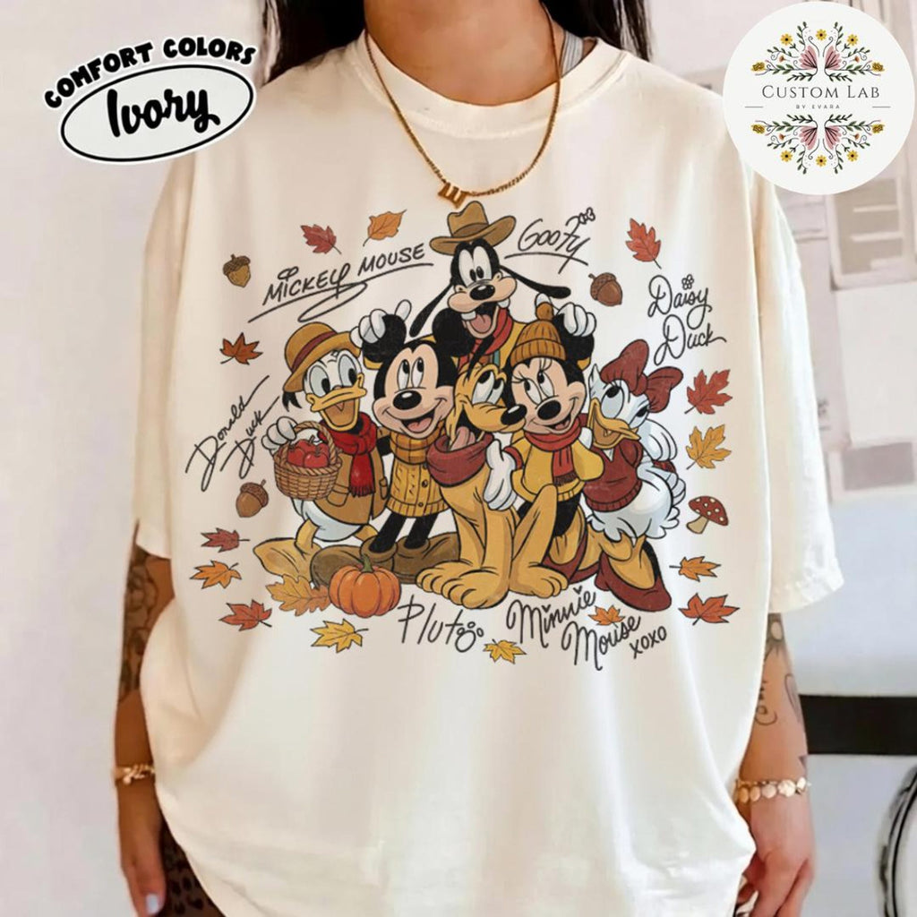 Comfort Colors Mickey and Friends Signature Fall Vibes Shirt Women, Disney Thanksgiving Autumn Leaves Pumpkin Spice Spooky Season Halloween Trip Graphic Tee, Gift for Her Aesthetic