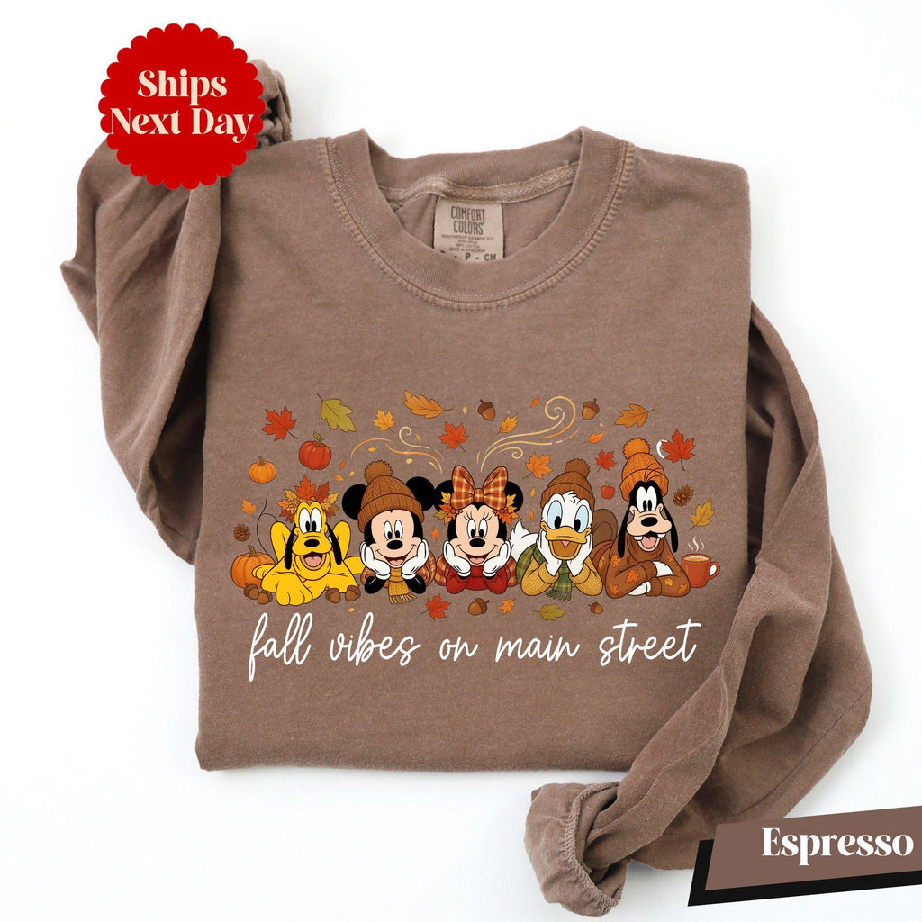 Comfort Colors Mickey and Friends Fall Vibes on Main Street Shirt Women, Disneyland Cozy Season Autumn Disney Graphic Tee, Gift for Her Aesthetic