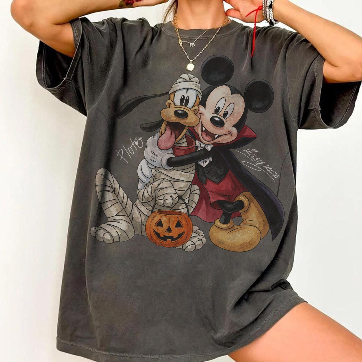 Comfort Colors Vintage Mickey and Pluto Halloween Fall Shirt Women, Disney Signatures Spooky Season Family Vacation Graphic Tee, Gift for Her Aesthetic
