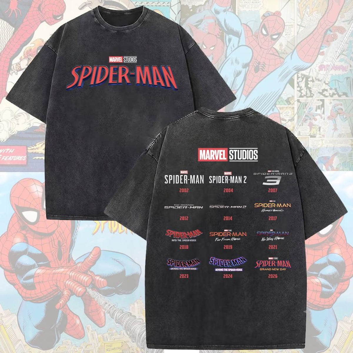 Comfort Colors Marvel Studios Spider Man All Movie Mineral Wash Shirt Women, Brand New Day MCU Avengers Graphic Tee, Birthday Fan Gift for Her Aesthetic