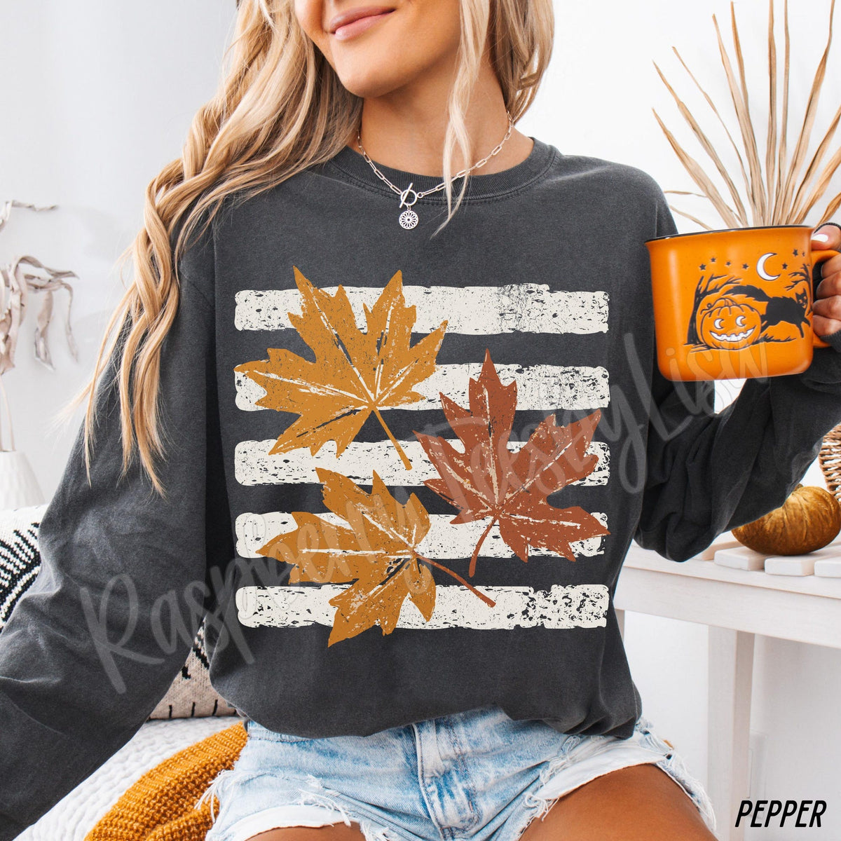 Fall Leaves Striped Comfort Colors Shirt Cozy Autumn Shirts for Women Long Sleeve Fall Shirt Fall Preppy Stripe Shirt Fall Boho Tshirt