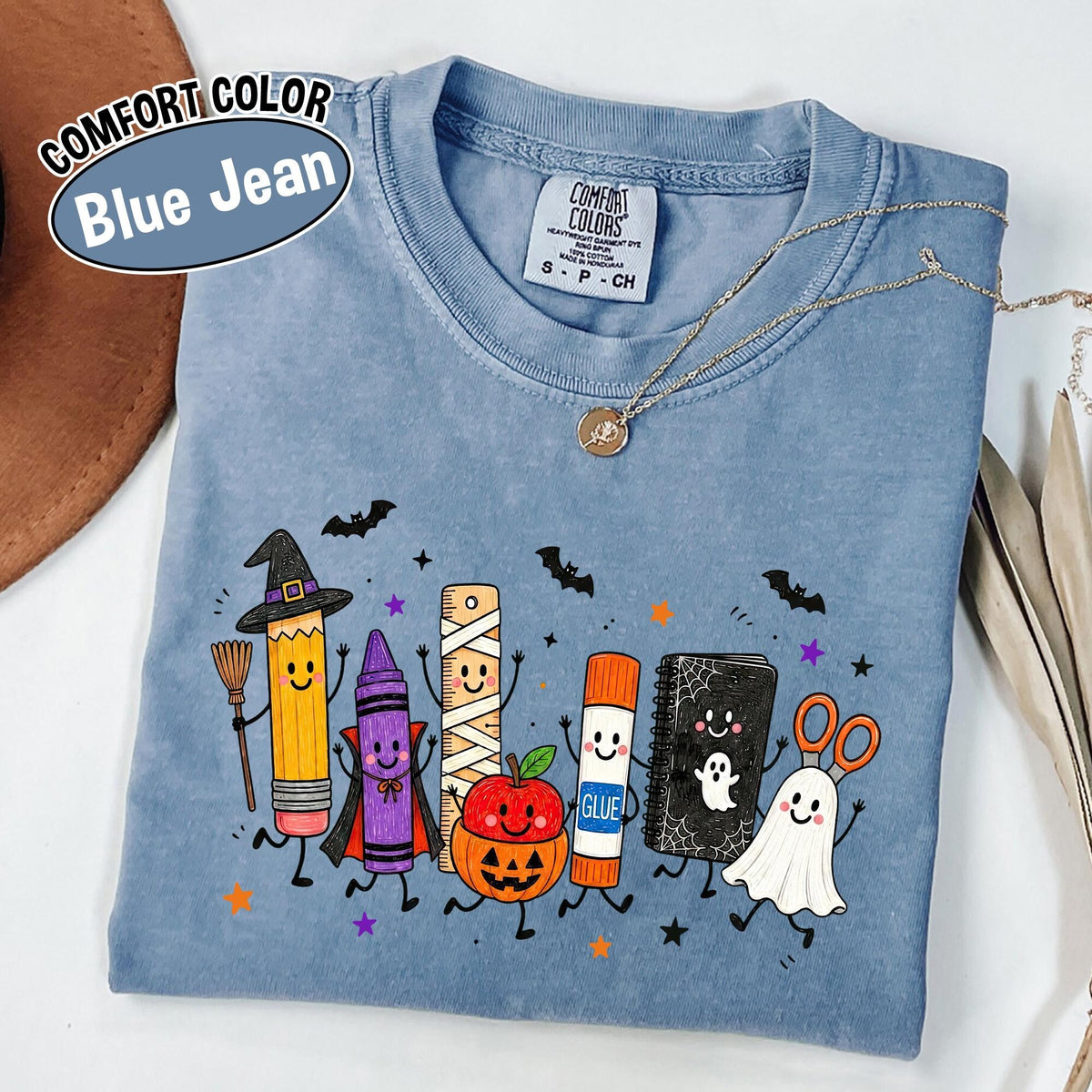 Comfort Colors Halloween Teacher Shirt Spooky School Supplies Graphic Tee Cute Ghost Classroom TShirt Back to School Teacher Gift