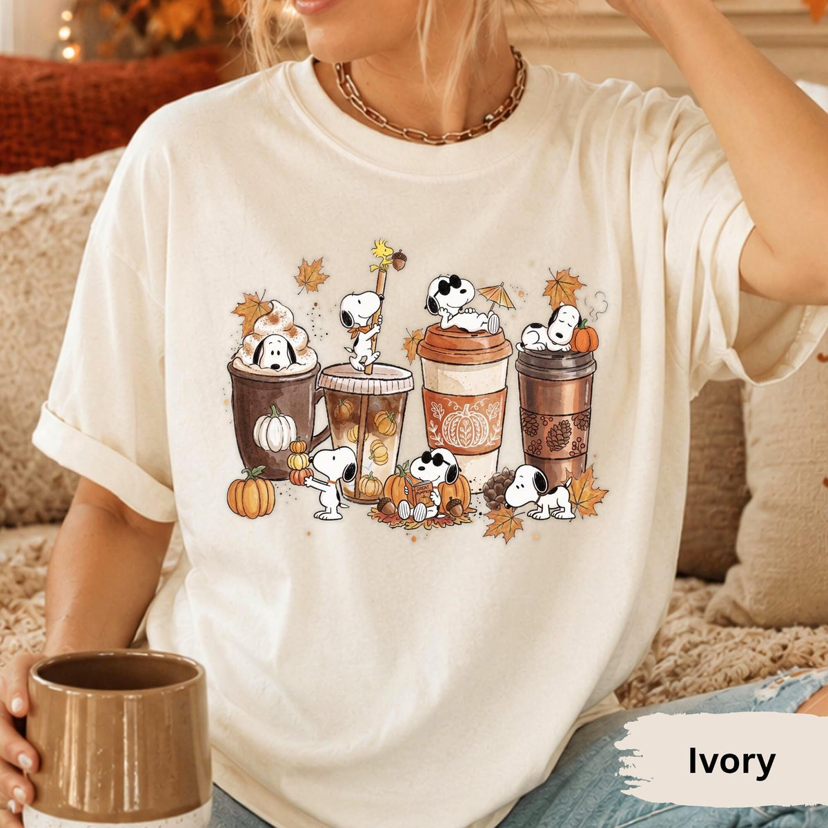 Comfort Colors Pumpkin Spice Snoopy Beagle Shirt Women, Vintage Cartoon Fall Coffee Charlie Brown Graphic Tee, Gift for Her Aesthetic