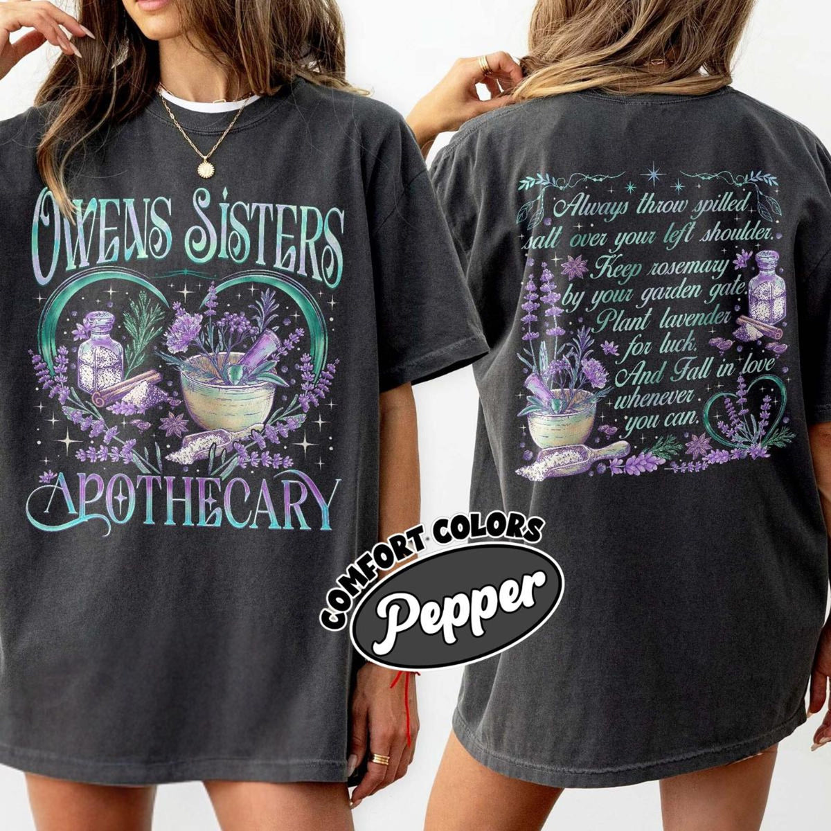 Comfort Colors Owens Sisters Apothecary Two-Sided Shirt Women, Salt Rosemary Lavender Love Salem Witchy Practical Magic Halloween Graphic Tee, Gift for Her Aesthetic