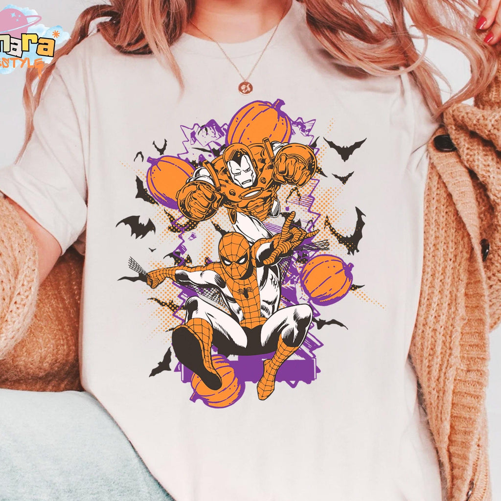 Comfort Colors Retro 90s Spider Man and Iron Man Halloween Pumpkins Shirt Women, Marvel Studios Disneyland Family Birthday Holiday Graphic Tee, Fan Gift for Her Aesthetic