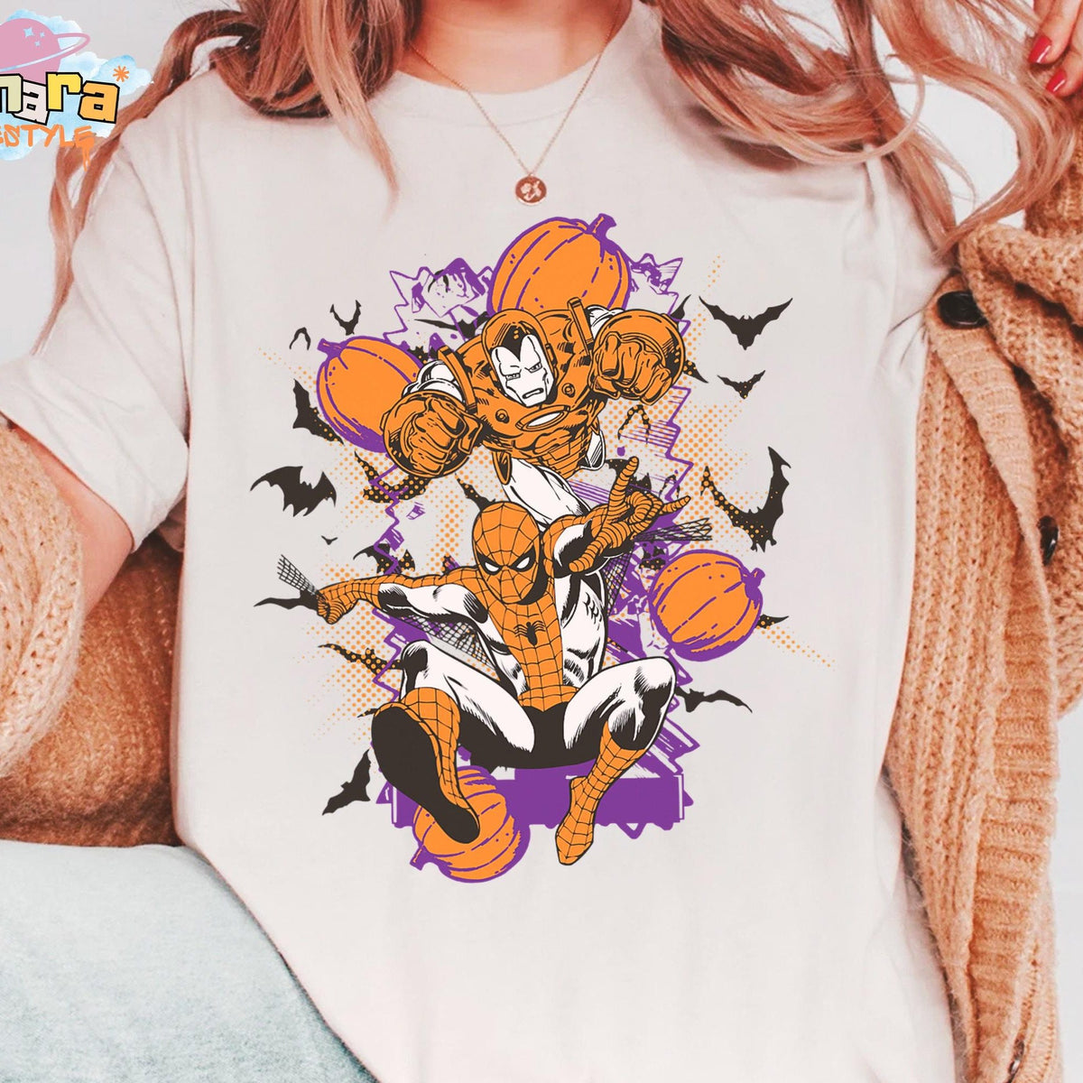 Comfort Colors Retro 90s Spider Man and Iron Man Halloween Pumpkins Shirt Women, Marvel Studios Disneyland Family Birthday Holiday Graphic Tee, Fan Gift for Her Aesthetic
