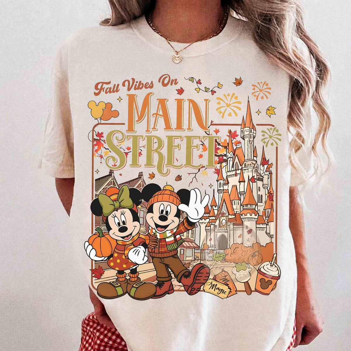 Comfort Colors Mickey Minnie Fall Vibes on Main Street Shirt Women, Magical Castle Autumn Halloween Thanksgiving Main Street USA Disney Graphic Tee, Gift for Her Aesthetic