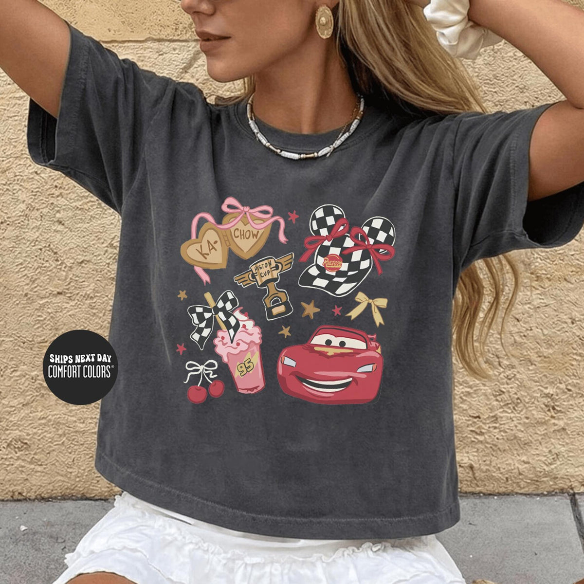 Comfort Colors Coquette Bow Lightning McQueen Shirt Women, Disney Cars Cherry Cropped Boxy Disney Graphic Tee, Gift for Her Aesthetic