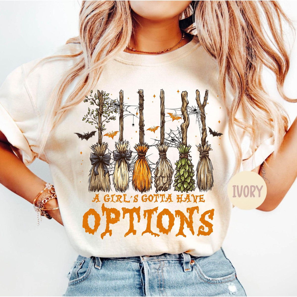 Comfort Colors A Girl Gotta Have Options Shirt Women, Halloween Witch Brooms Spooky Season Funny Witchy Fall Graphic Tee, Gift for Her Aesthetic