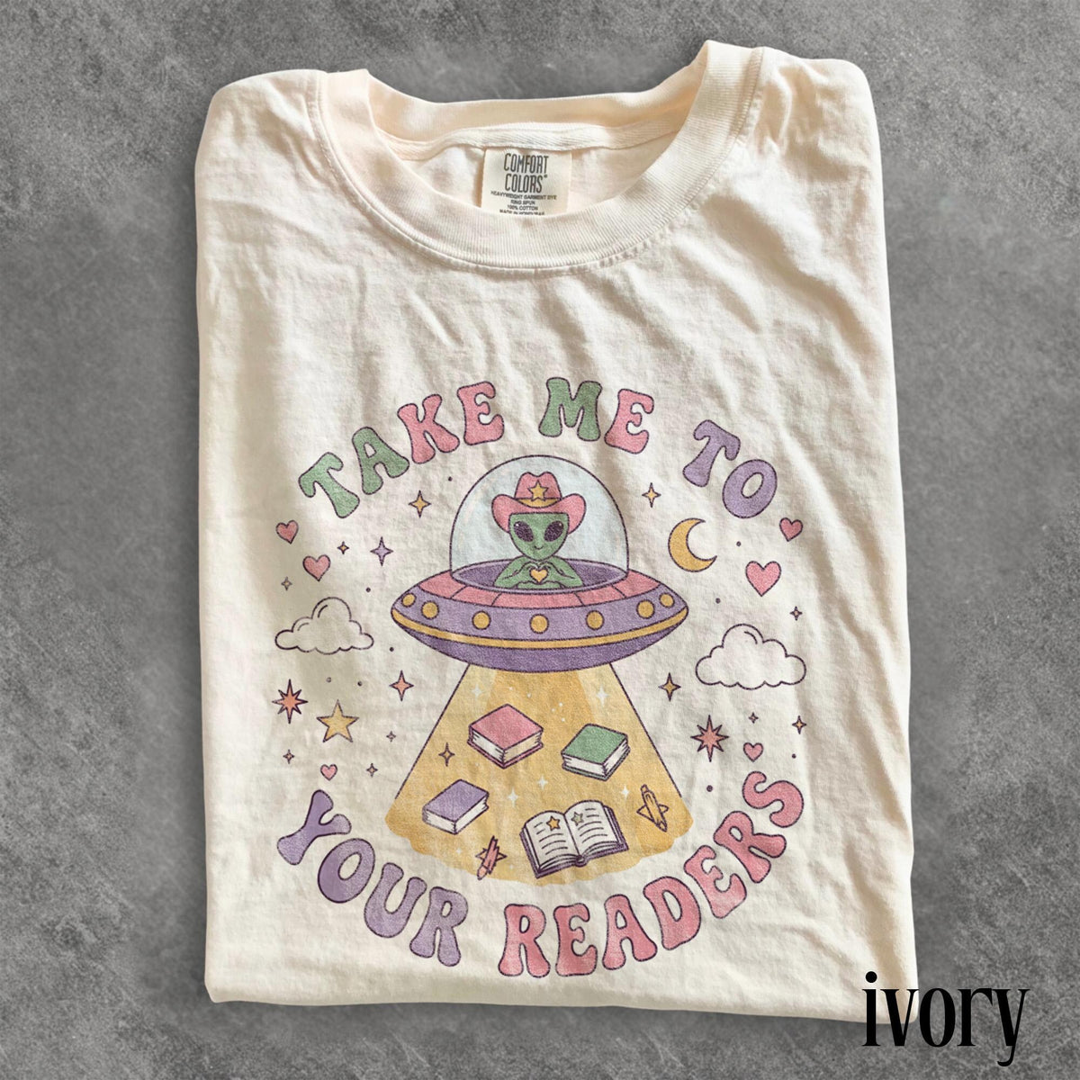Cute Alien Reading Teacher Graphic Tee Book Lover Classroom Shirt Whimsical School Library Style Top Comfort Colors Teacher Gift