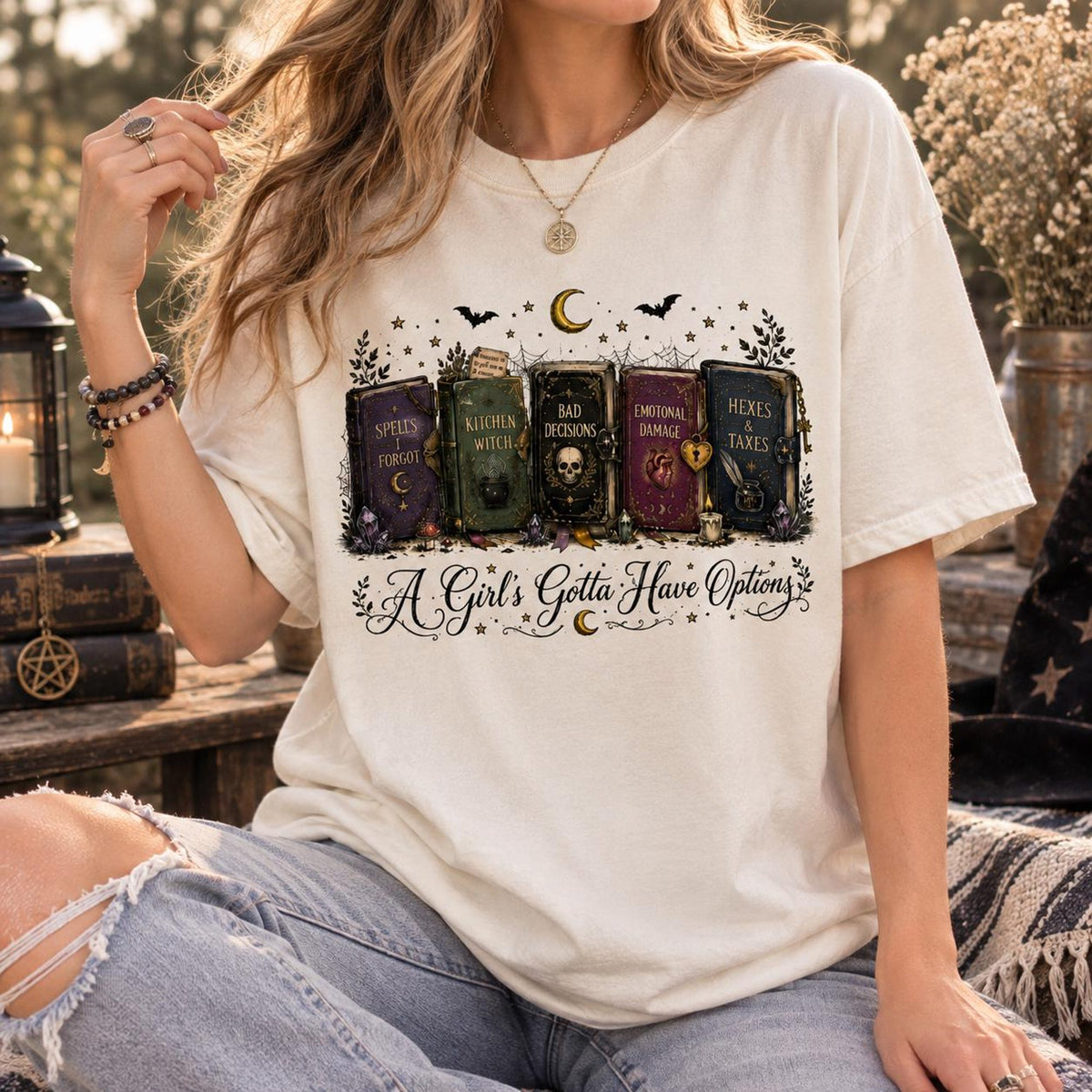 Comfort Colors A Girl Gotta Have Options Shirt Women, Funny Witchy Book Lover Halloween Gothic Cottagecore Graphic Tee, Gift for Her Aesthetic