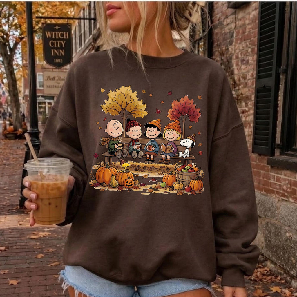 Retro Fall Friends Sweatshirt Cute Autumn Cartoon Graphic Tee Vintage Park Bench Pumpkin Tshirt Cozy Season Gift Women Brown Crewneck Top