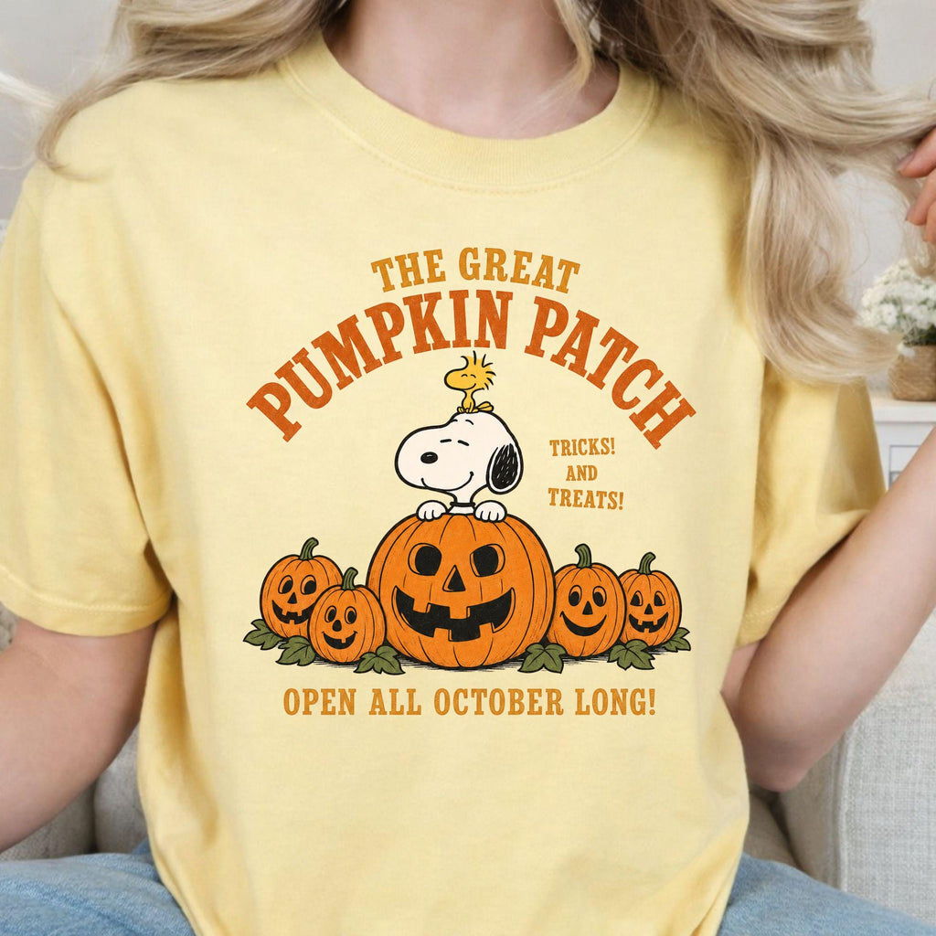 Comfort Colors Pumpkin Patch Halloween Shirt Women, Snoopy Charlie Brown Cartoon Tricks and Treats Fall October Graphic Tee, Gift for Her Aesthetic