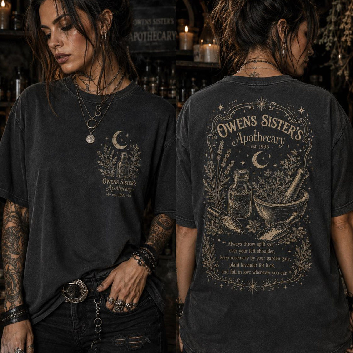 Witchy Apothecary Shirt Vintage Halloween Tee Spooky Season Front and Back Graphic Cottagecore Top