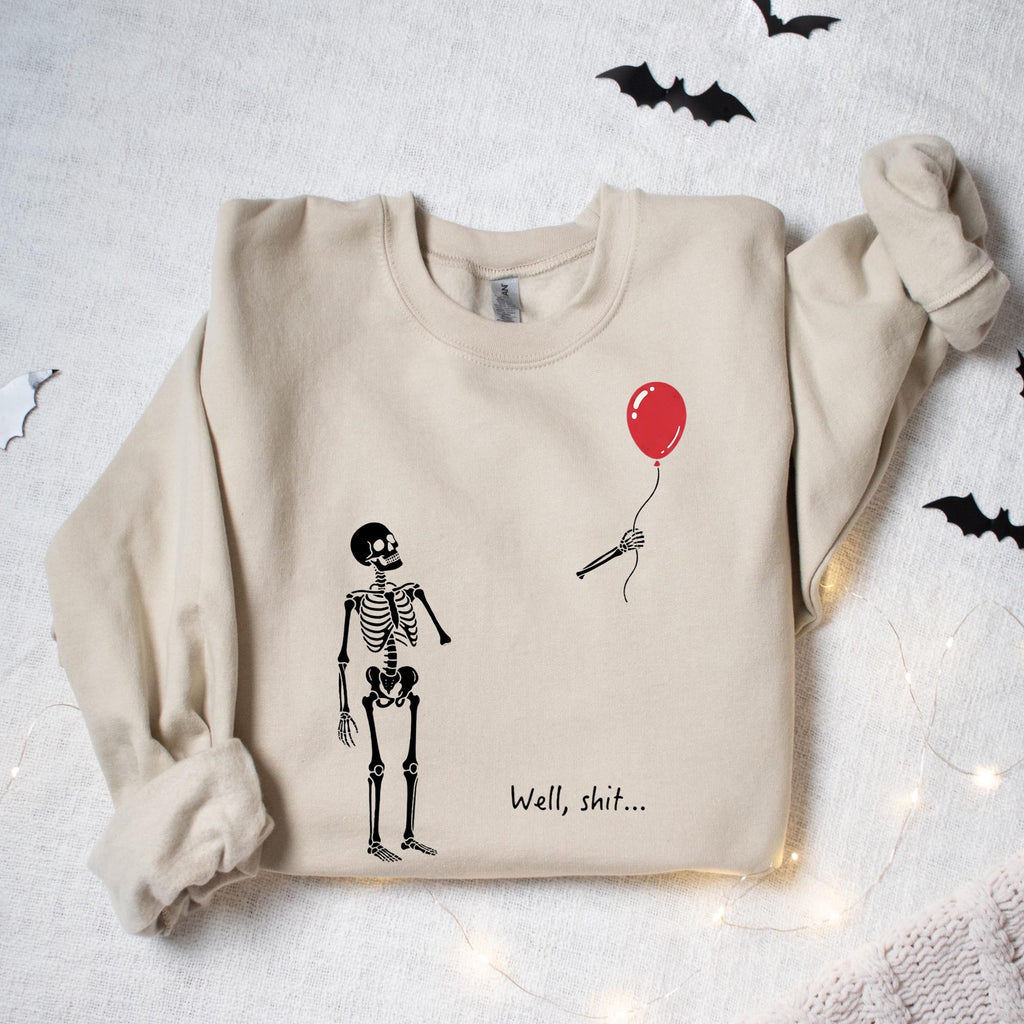 Funny Skeleton Balloon Shirt Well Shit Skeleton Tee Gothic Halloween TShirt Dark Humor Graphic Tee Spooky Gift