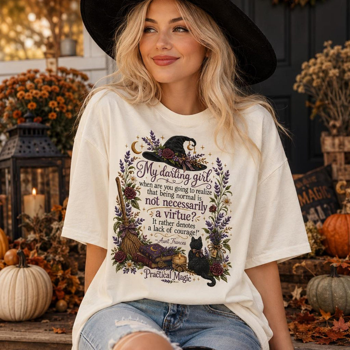 Comfort Colors Practical Magic My Darling Girl Quote Shirt Women, Witch Hat Floral Design Halloween Graphic Tee, Witchy Gift for Her Aesthetic