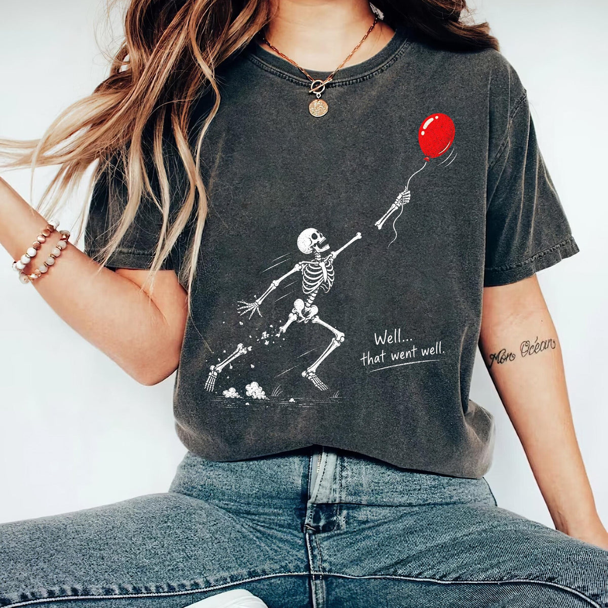 COMFORT COLORS Skeleton Lost Balloon Shirt Well That Went Well Funny Halloween Tee