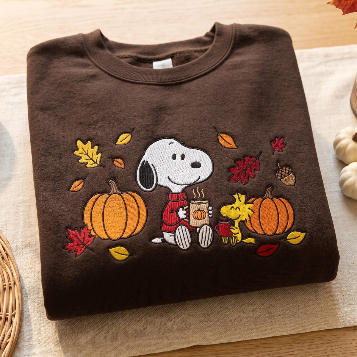 Embroidered Fall Dog Sweatshirt Pumpkin Autumn Embroidery Crewneck Cozy Dog Leaves Sweater Cute Harvest Season Shirt Halloween Gift