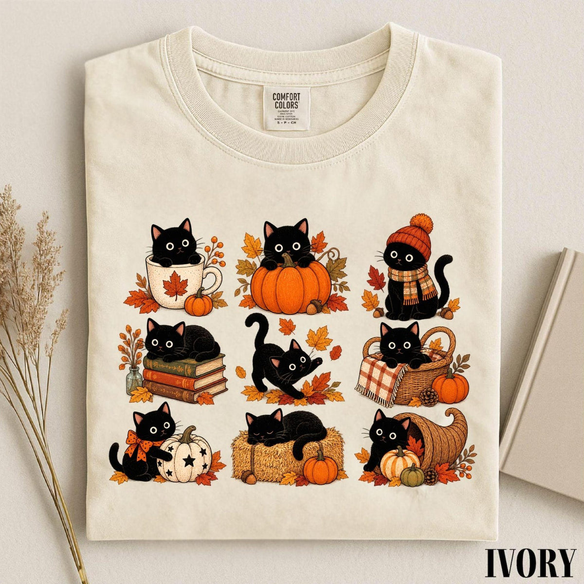 Comfort Colors Black Cat ShirtFall Cat TShirt Autumn Kitty Tee Cozy Pumpkin Cat Shirt Vintage Halloween Cat Long Sleeve Cat Lover Gift