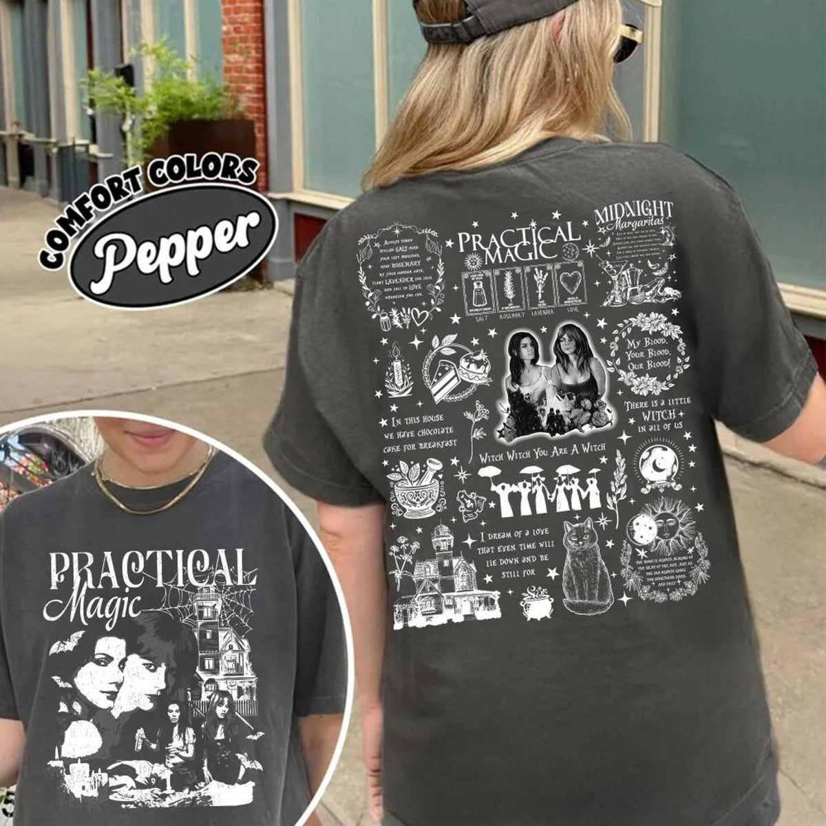 Comfort Colors Vintage Practical Magic Shirt Women, Retro Witch Movie Midnight Margaritas Aesthetic Halloween Graphic Tee, Spooky Season Gift for Her