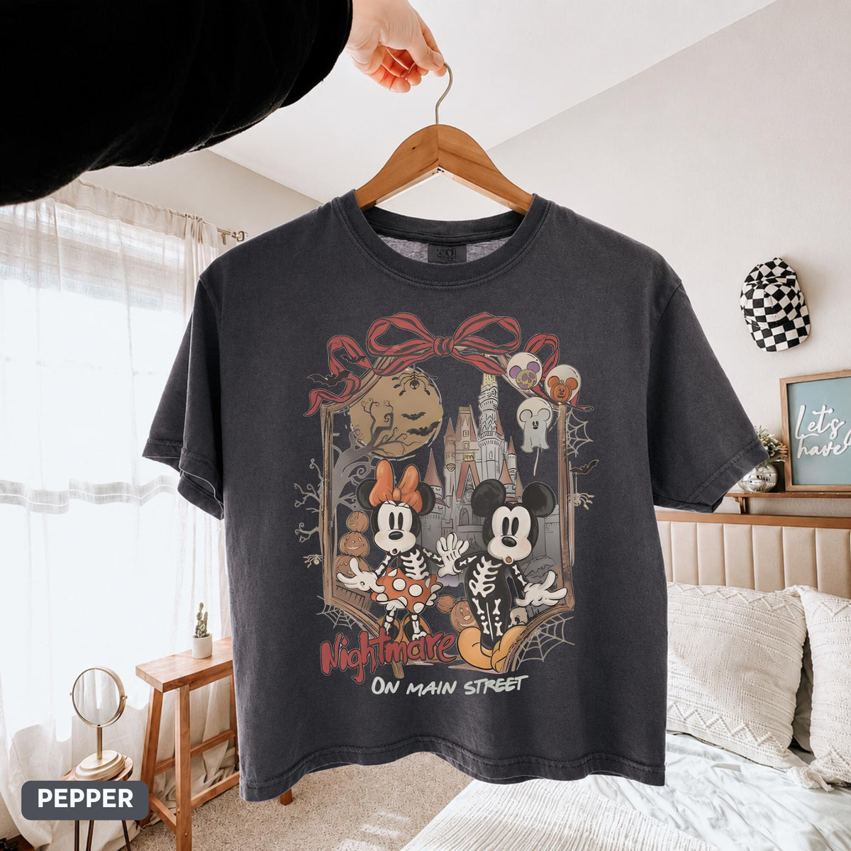 Comfort Colors Vintage Nightmare on Main Street Mickey Minnie Skeleton Fall Shirt Women, Disneyworld Halloween Party Spooky Season Retro Graphic Tee, Gift for Her Aesthetic